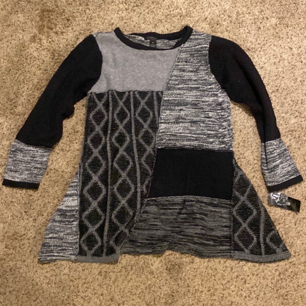 Black & Grey Patchwork Sweater, Sz L Petite, NWT